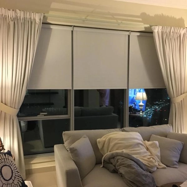 White window blackout blinds with curtains