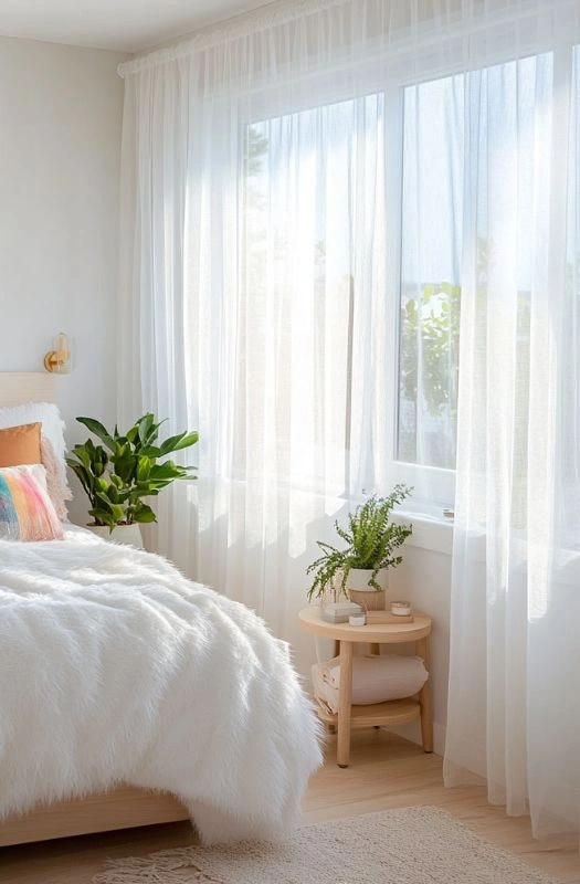 White sheer curtains sunny modern bedroom window