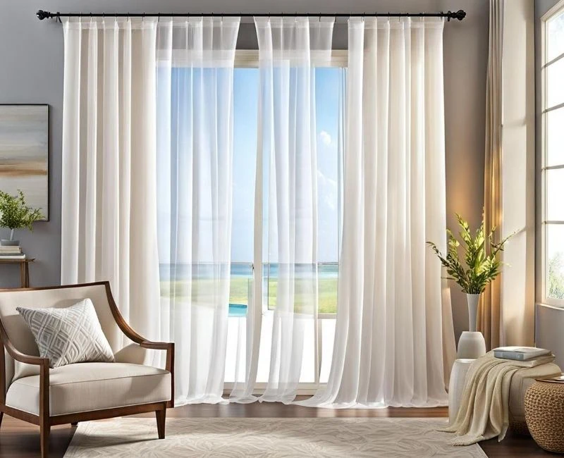 Elegant white sheer curtains beautiful beach view