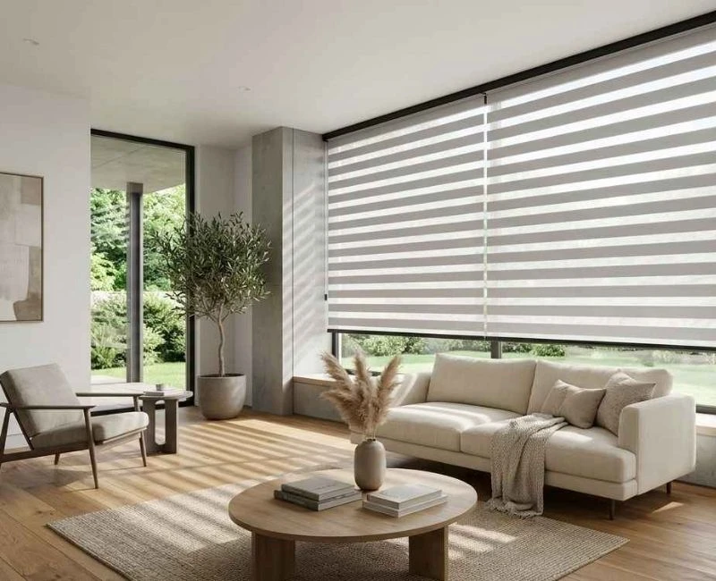 Bright white zebra blinds living room