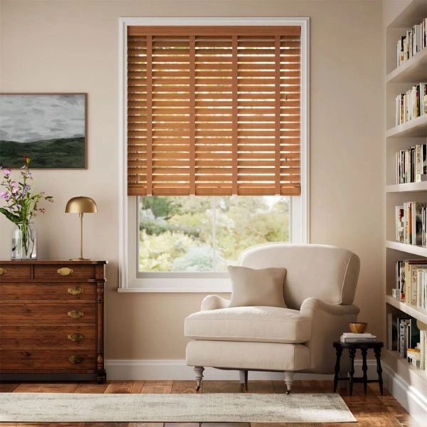 Teak wood blinds reading corner armchair