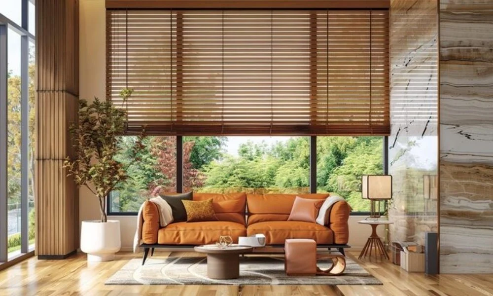Natural wooden blinds orange sofa room