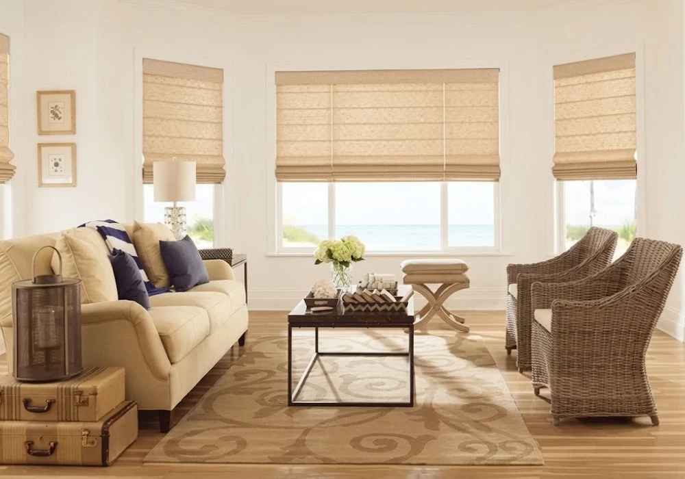 Light brown textured woven roman blinds