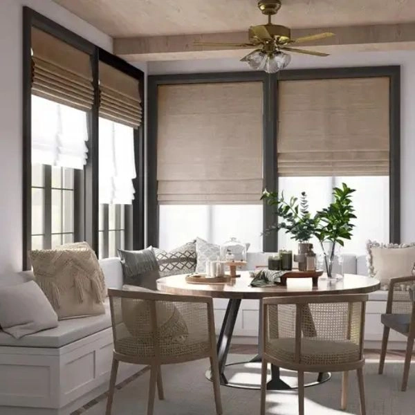 Light beige woven roman blinds dining