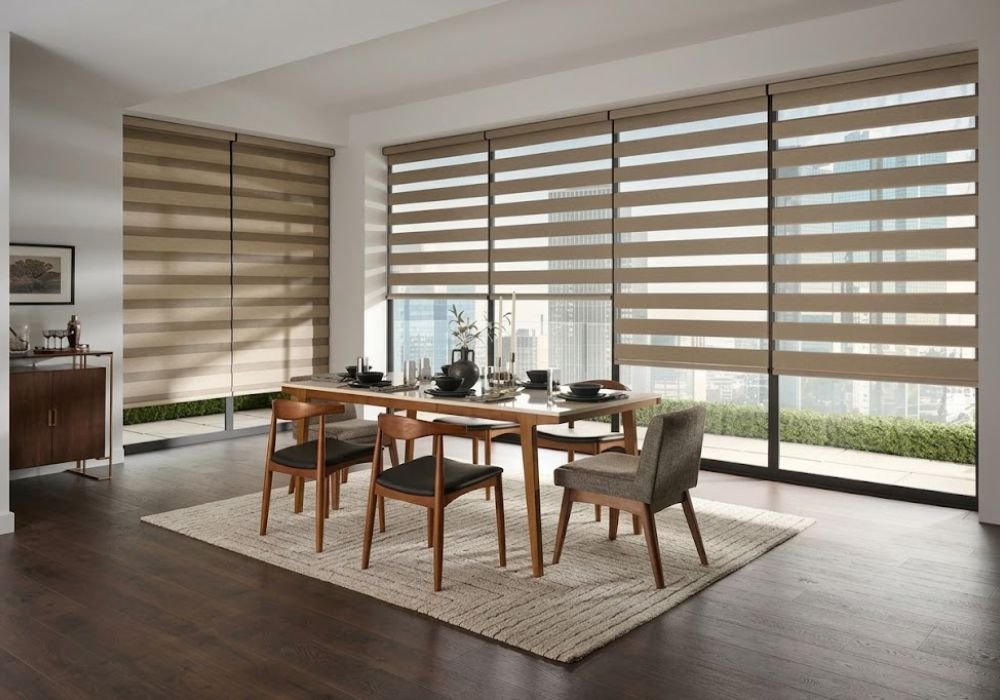 Light brown zebra blinds dining area
