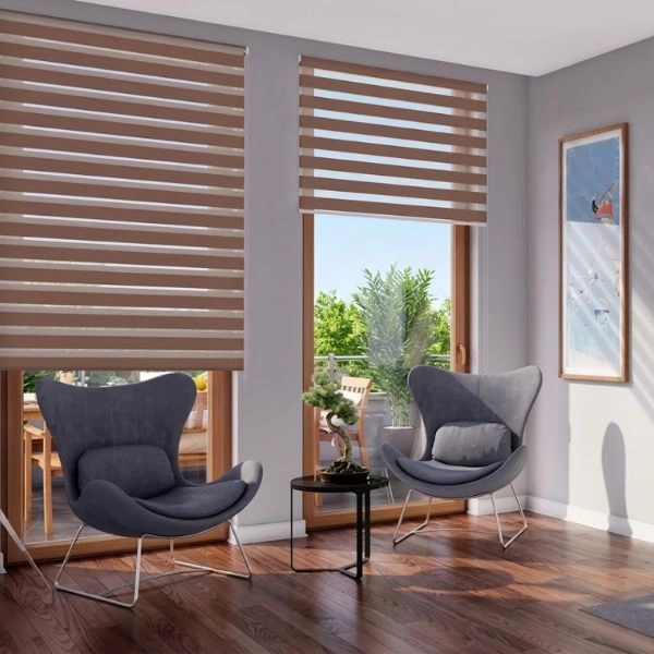 Brown zebra blinds grey modern chairs