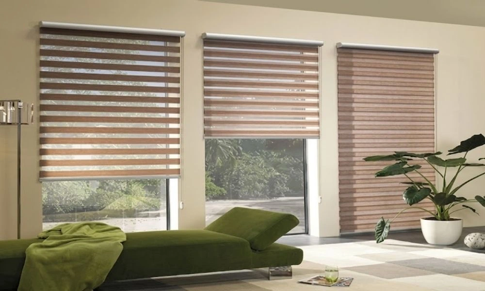 Brown zebra blinds green sofa interior