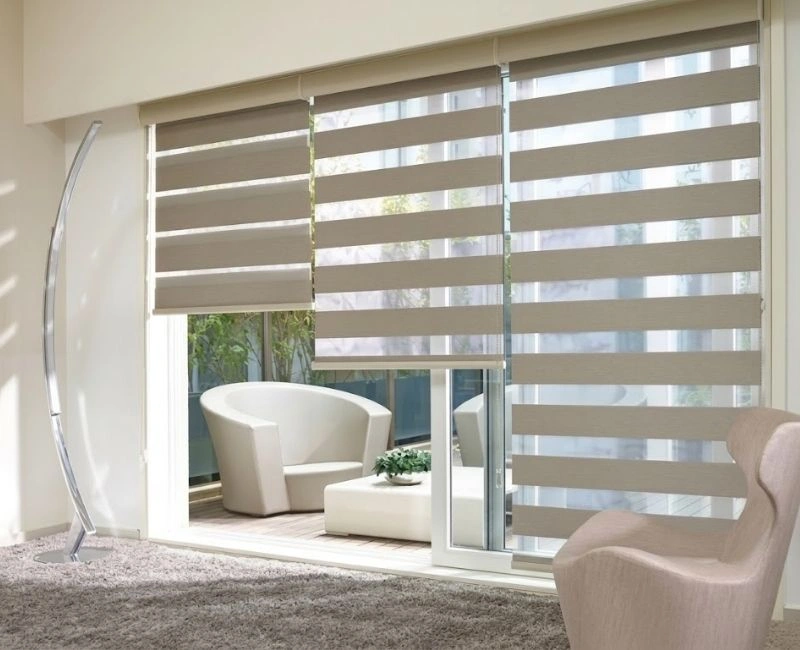 Beige zebra blinds sliding glass door