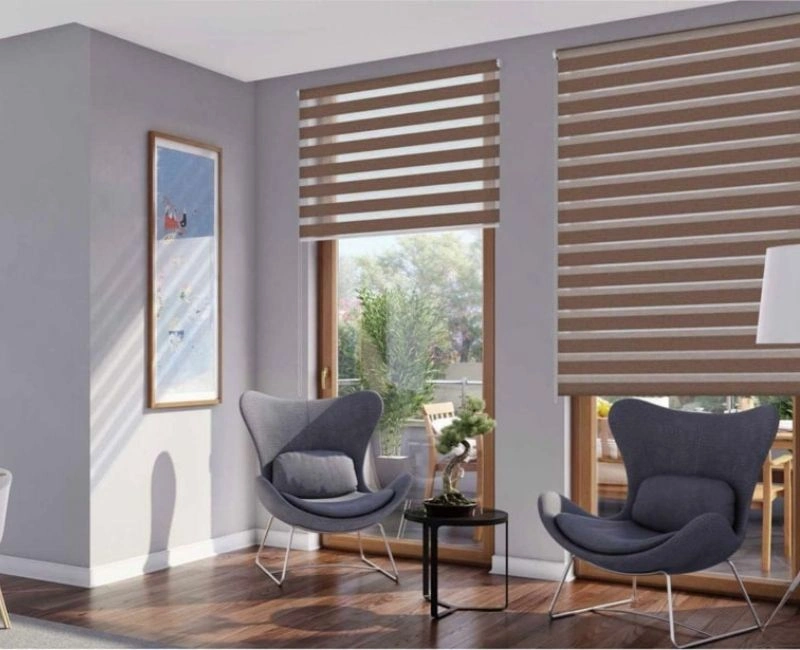 Grey lounge dual layer zebra blinds