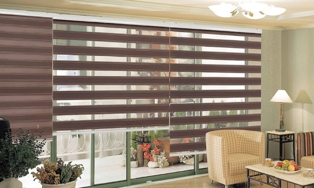 Large patio window brown zebra blinds