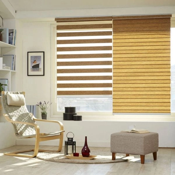 Light brown zebra blinds wooden floor