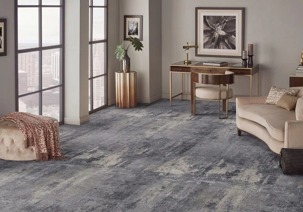 Luxury home office with abstract grey carpet