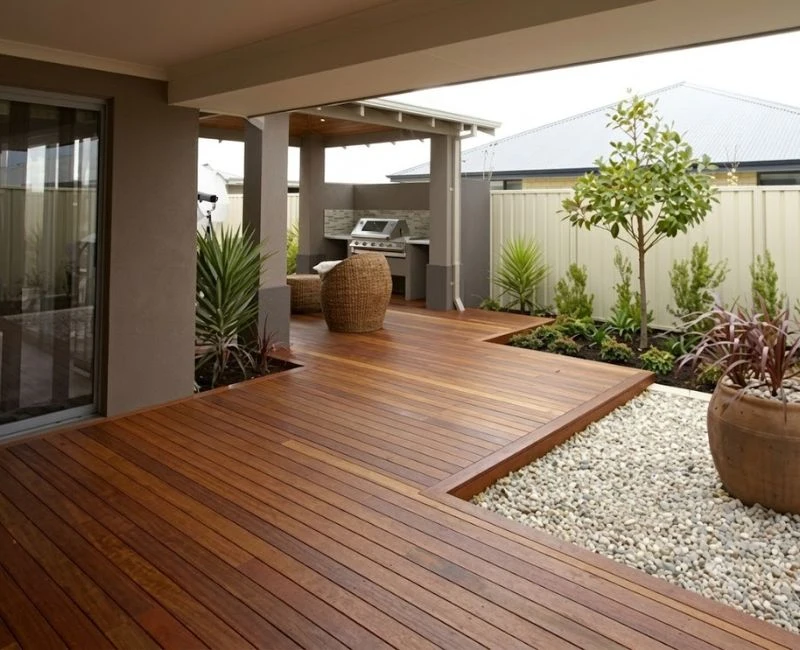 Backyard wooden deck outdoor kitchen space