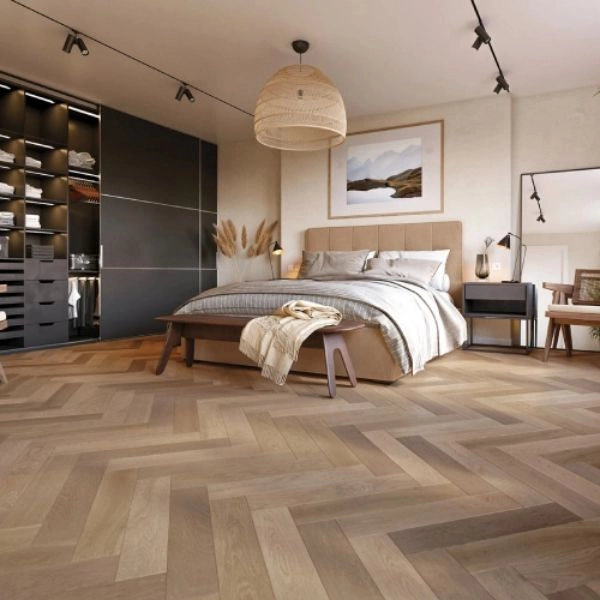 Modern bedroom with ash herringbone wood floor
