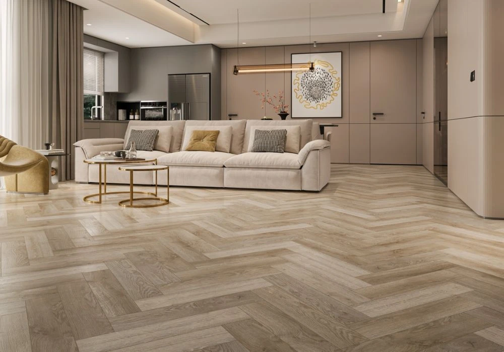 Beige herringbone SPC vinyl flooring in room