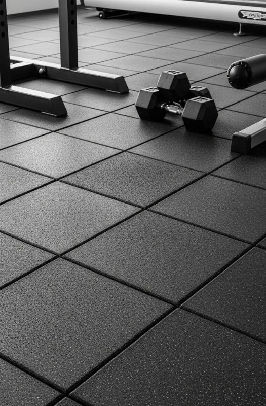 Black rubber floor tiles for indoor spaces