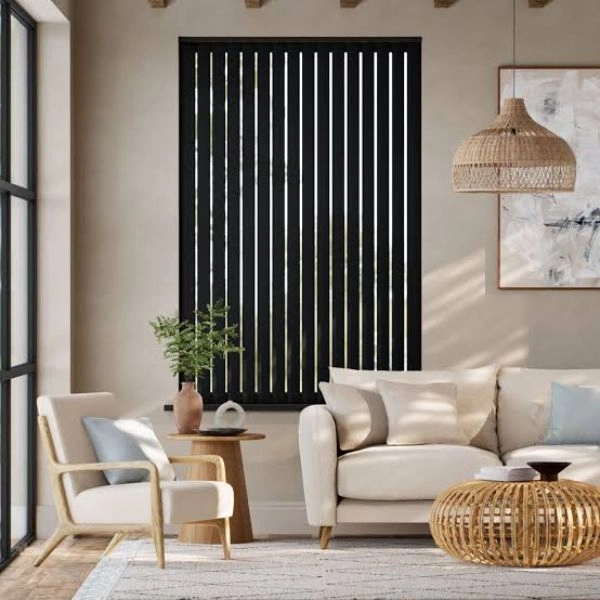 Black vertical blinds cozy living room
