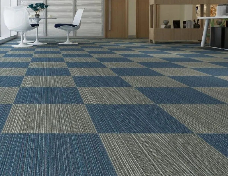 Modern office with blue checkered carpet tiles
