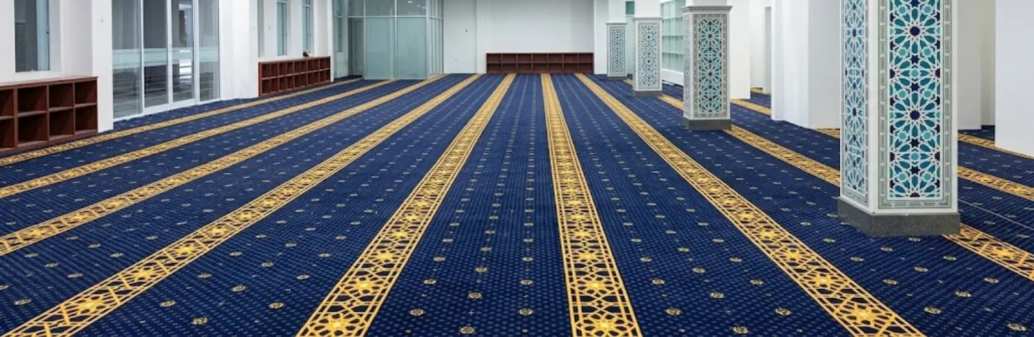 Blue mosque carpet with golden floral lines