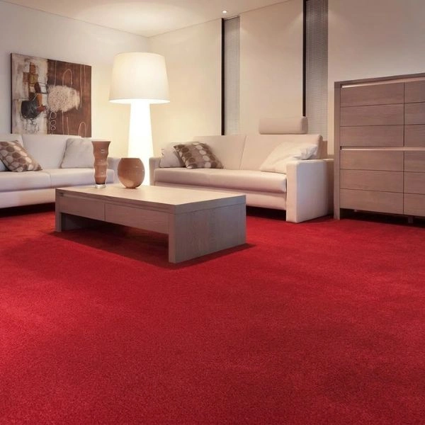 Bright red wall to wall carpet lounge
