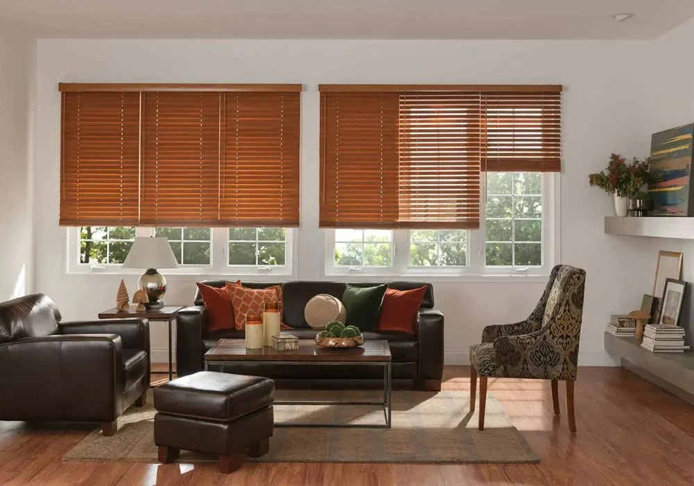 Chestnut wooden blinds leather sofa room
