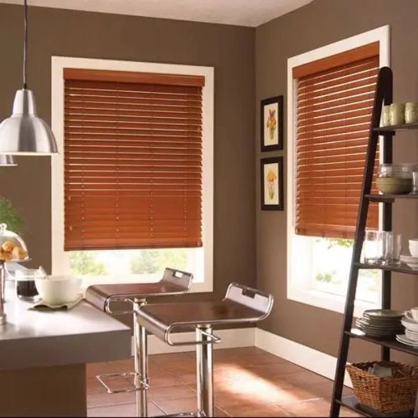 Warm chestnut wooden blinds dining bar
