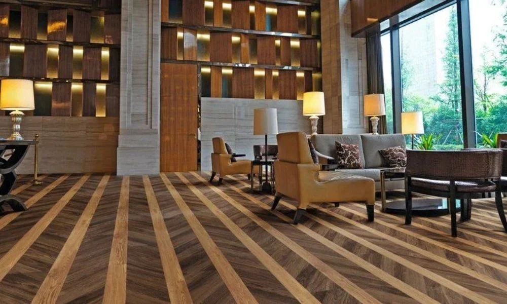 Chevron pattern LVT flooring luxury lobby