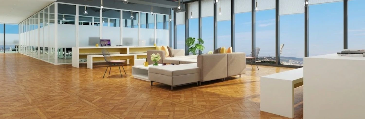 Commercial office lounge with geometric parquet floor