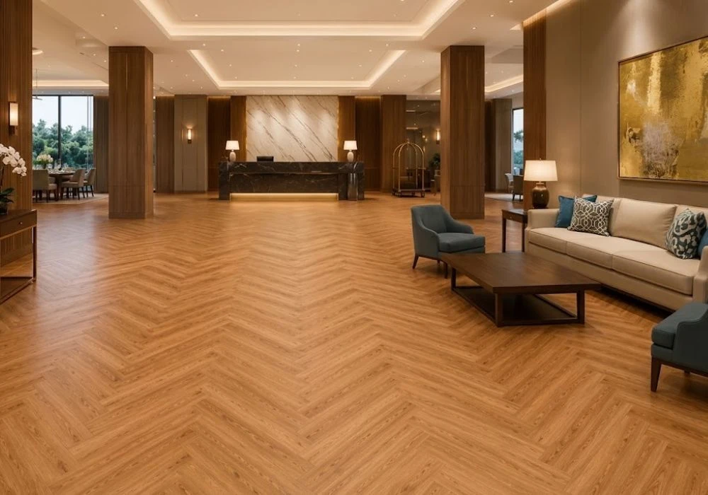 Luxury hotel lobby with oak herringbone flooring