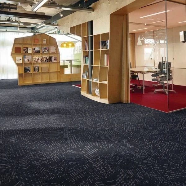 Dark blue patterned carpet in modern library