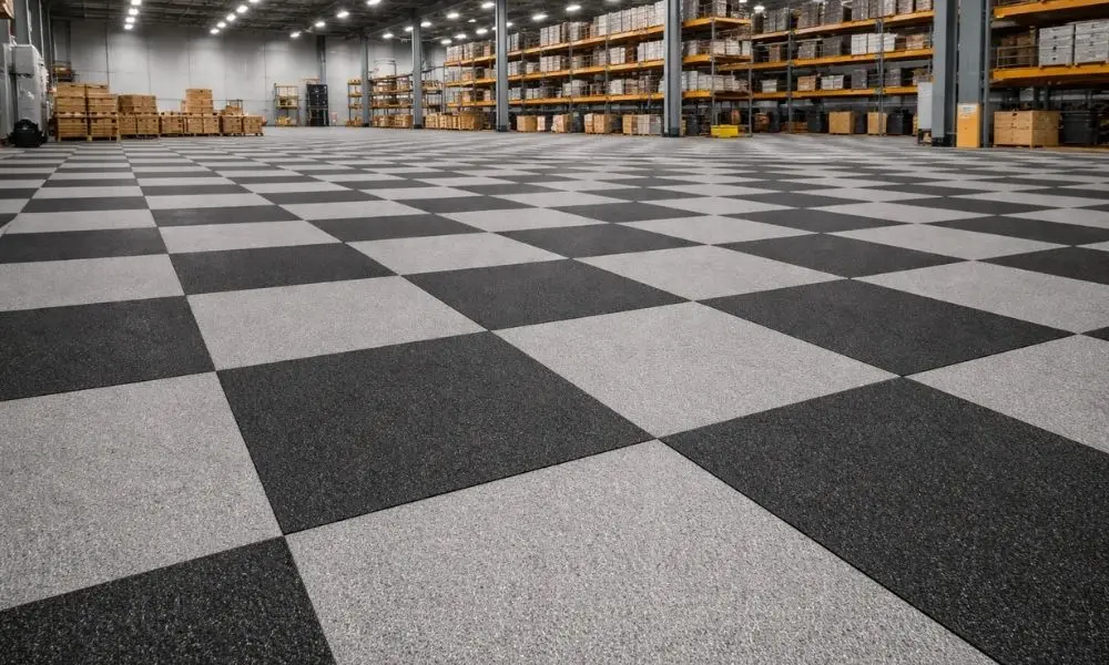 Commercial rubber flooring tiles installed in warehouse