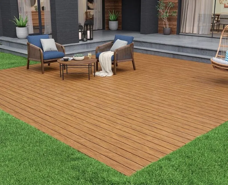 Garden lawn area with composite deck flooring