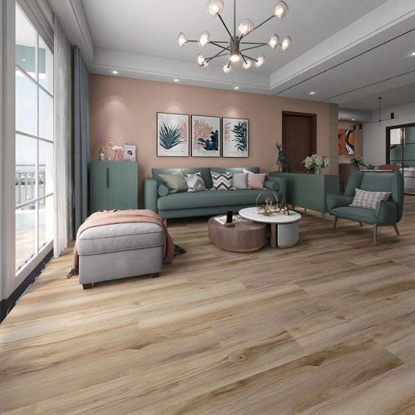 Contemporary living area with light SPC floors