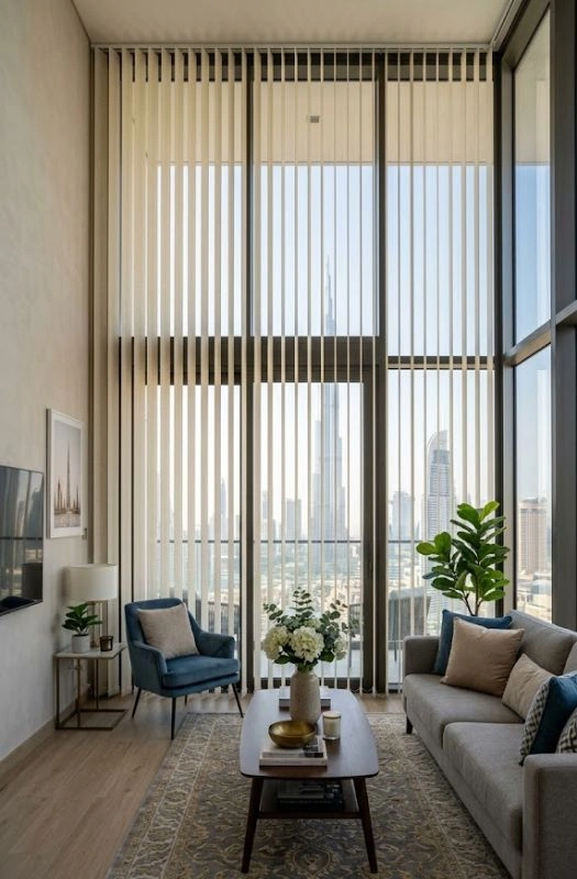 Cream vertical blinds high ceiling room