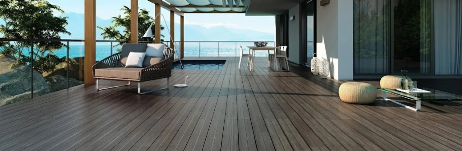 Dark wood composite decking on villa terrace