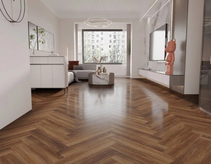 Modern apartment lounge with dark herringbone parquet