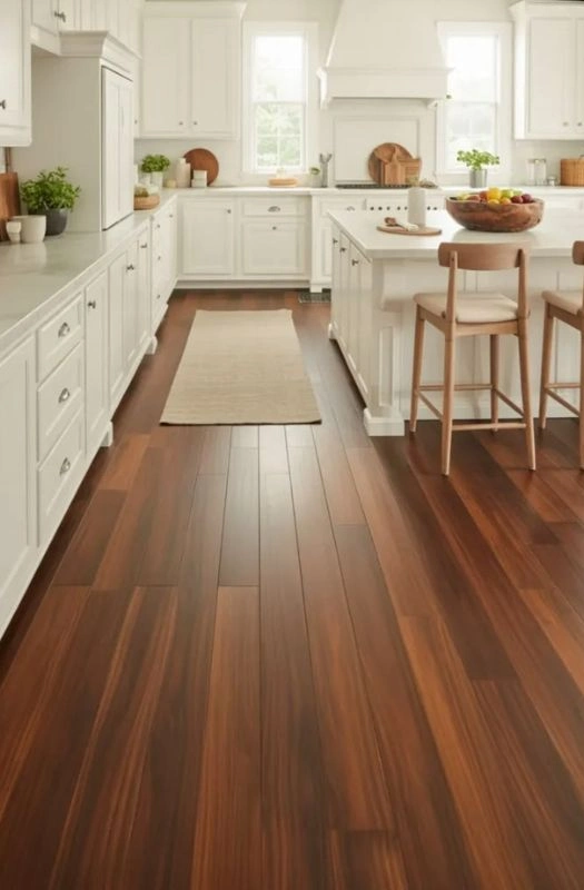 Dark mahogany wood flooring kitchen area