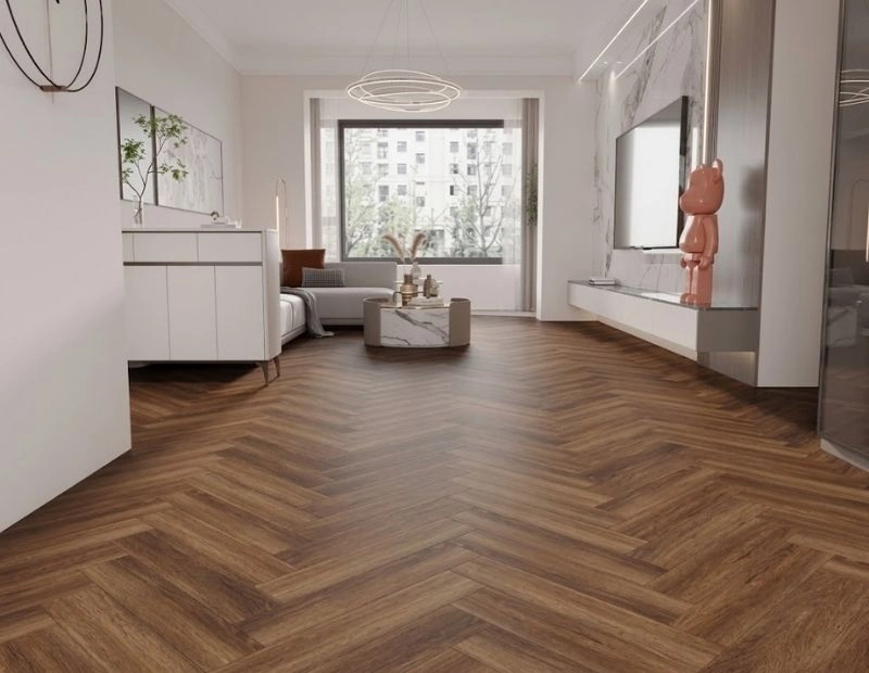Modern dark oak herringbone floor in apartment
