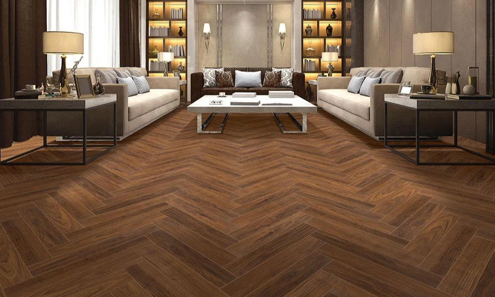 Dark walnut herringbone wood flooring in living room