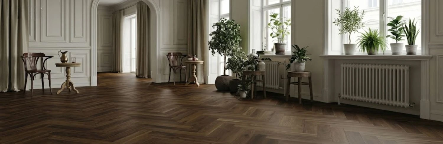 Dark walnut parquet wood flooring hall