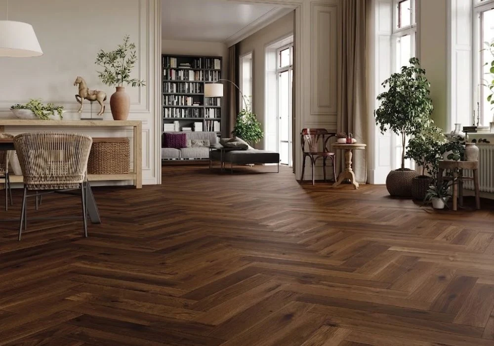 Elegant home interior with dark walnut parquet