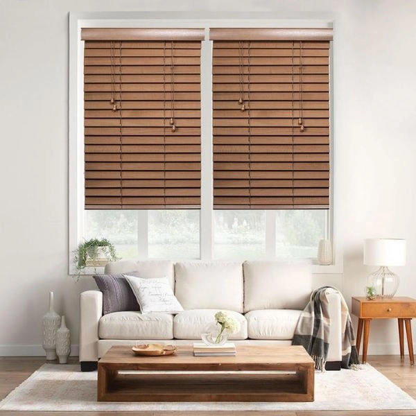 Dark oak wooden blinds white couch