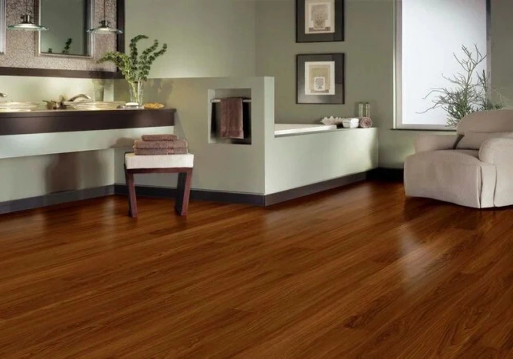 Dark wood LVT flooring modern bathroom