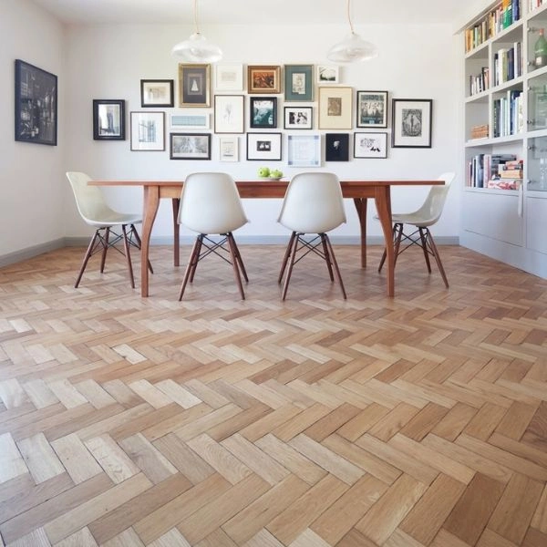 Light oak herringbone floor in dining room