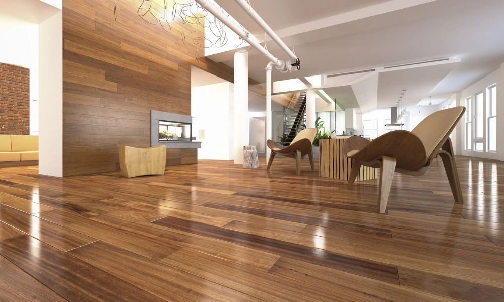 Glossy teak wood flooring living room
