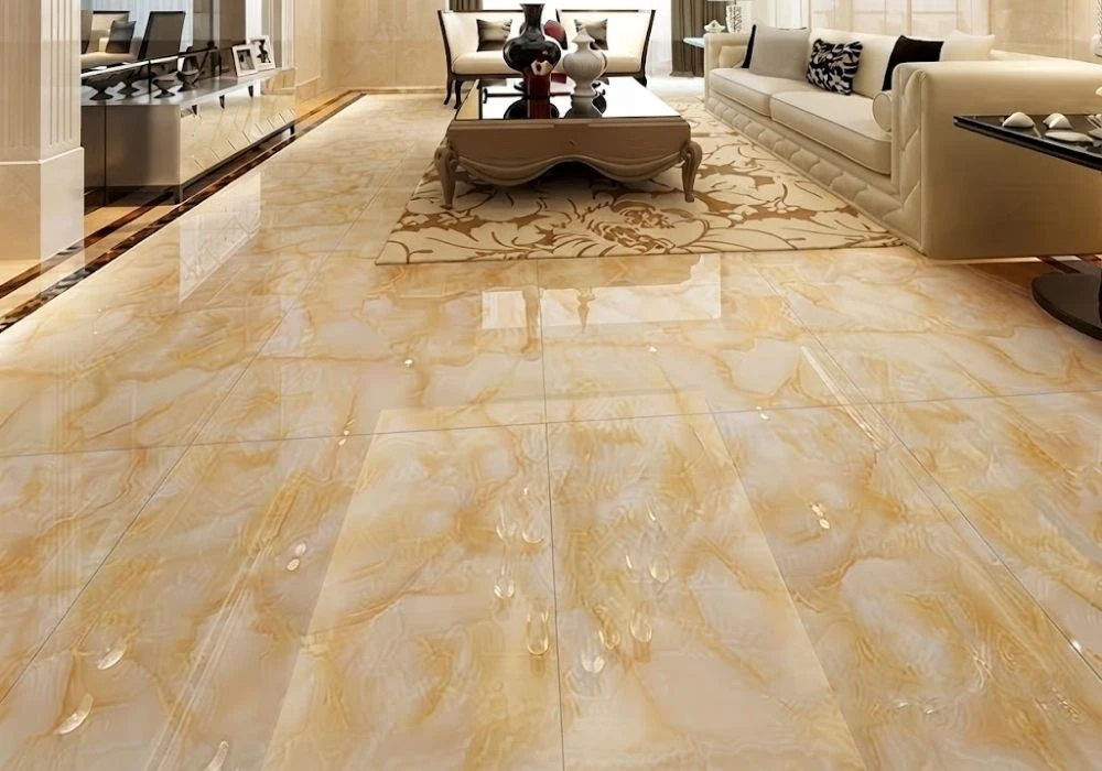 Glossy beige onyx ceramic tiles for lounge