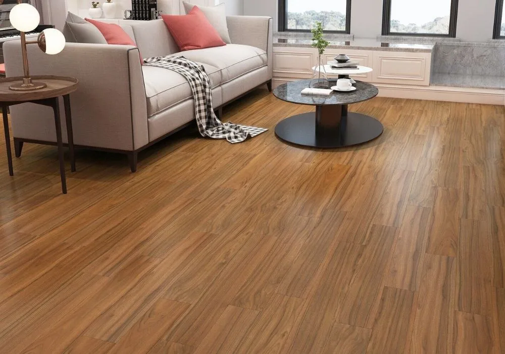 Golden teak wood flooring living room