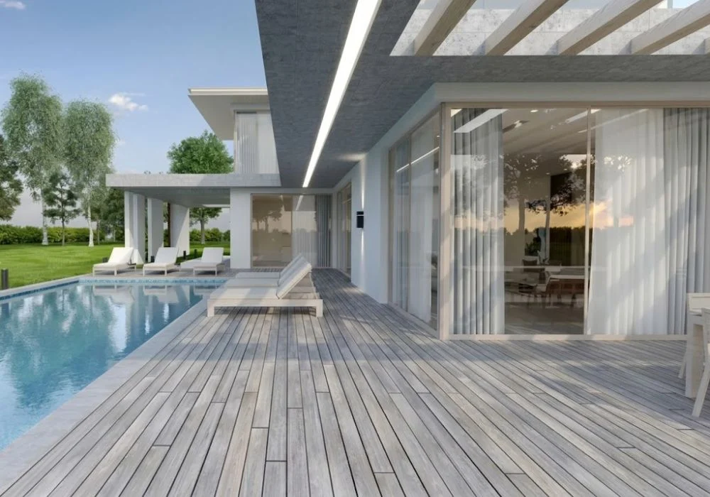 Grey outdoor wood deck floor near pool