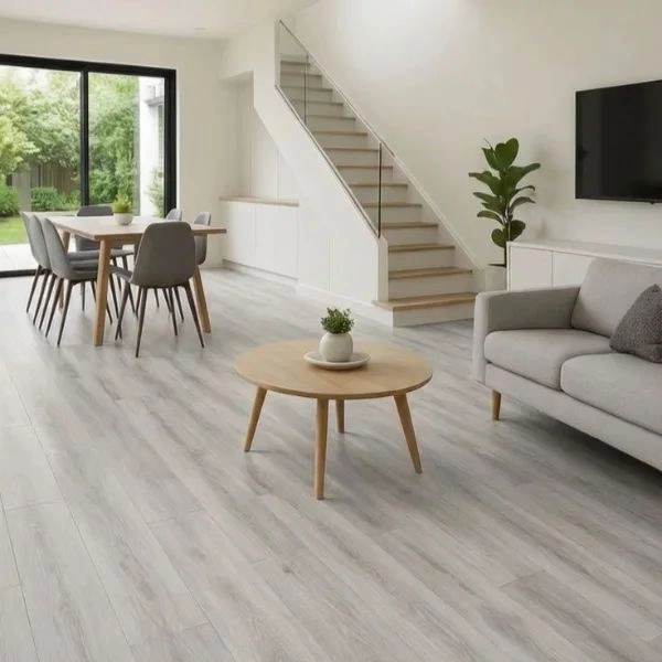 Modern open living grey vinyl flooring