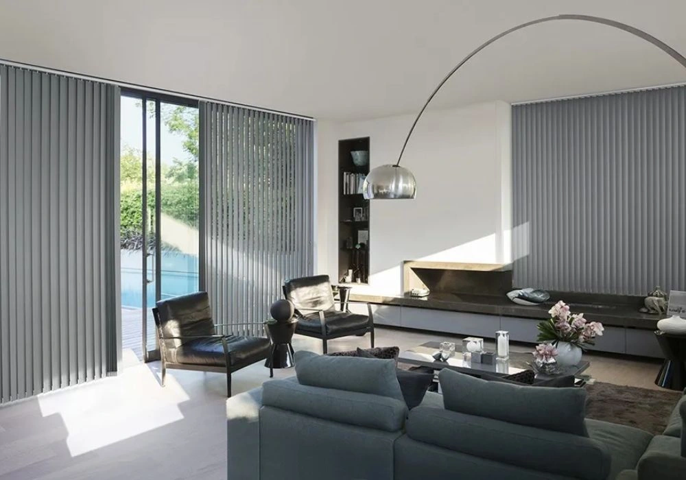 Grey vertical blinds modern living room